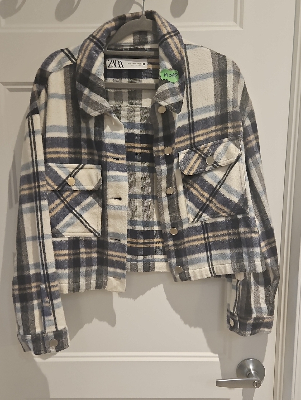 Zara Plaid Cropped Jacket in Cream, Blue & Gray